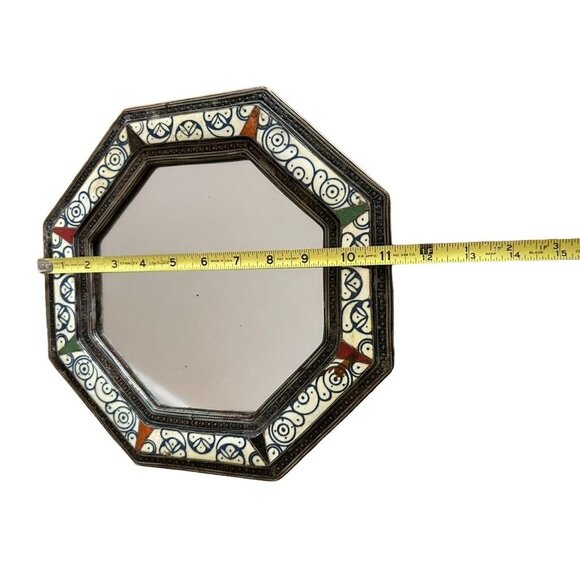 Vintage Octagonal Mirror With Hand-Painted Ceramic Tile Design - 8" x 8" - Picture 4 of 5